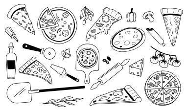 Dondurmalı pizza. İtalyan yemek taslağı, biberli mantar peynirli domates yağı ve pizza hamuru koleksiyonu. Vektör restoran menüsü grafiği hazır. Et ve sebzeli lezzetli bir yemek.