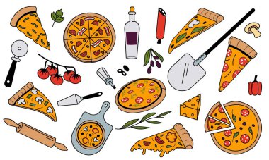 Pizzanın malzemelerini karala. Renkli İtalyan mutfağı. Peynirli biberli domates ve zeytinyağlı. Vektör restoran menüsü grafik elementleri. Sosisli ve sebzeli lezzetli sıcak yemek.