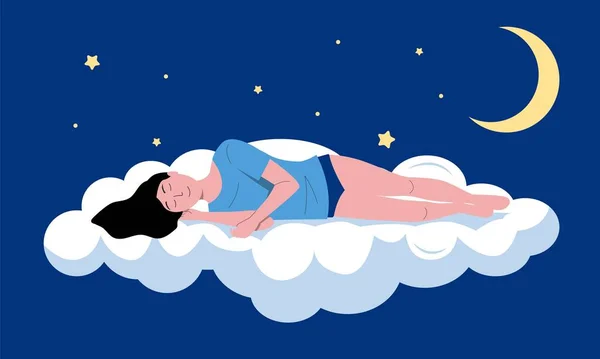 眠っている人物イラスト 漫画の睡眠や夢の若い女の子夜空 不眠症や睡眠も概念を飛んで ベクトル寝女のキャラクターの背景 雲の上でリラックスした女 — ストックベクタ