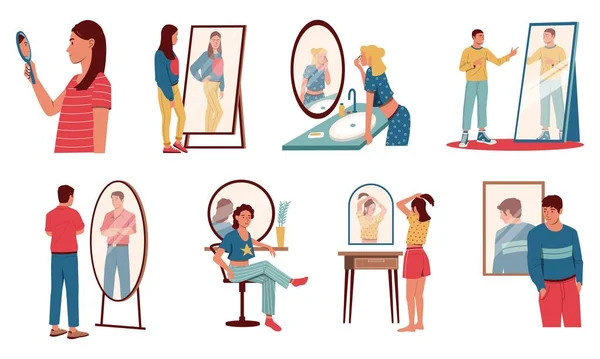 Pessoas Olham Espelho Personagens Desenhos Animados Vendo Reflexões Mesmos Conceito — Vetor de Stock