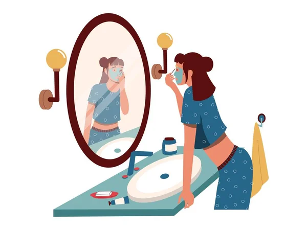 女人看着浴室的镜子 早上女孩卫生习惯和化妆品 卡通人物站在镜子前 矢量自我接受或自恋的概念 有面部皮肤护理的女士 — 图库矢量图片