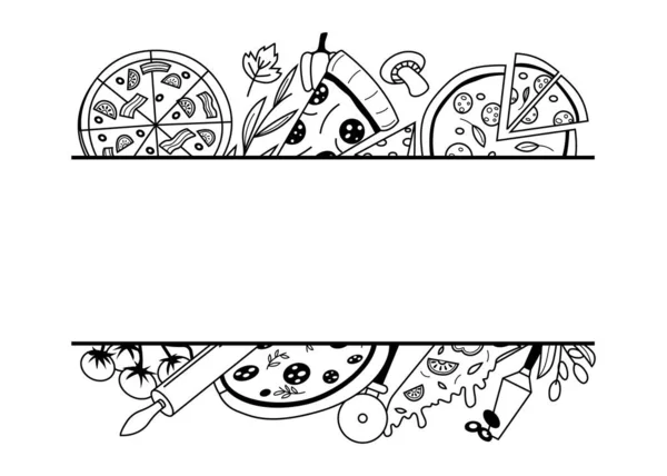 Cadre Pizza Doodle Frontière Nationale Ingrédients Alimentaires Italiens Tranche Pizza — Image vectorielle