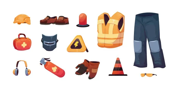 Sicherheitsausrüstung Arbeiter Persönliche Sicherheitskleidung Und Werkzeuge Helmbrille Handschuhe Maske Industrie — Stockvektor