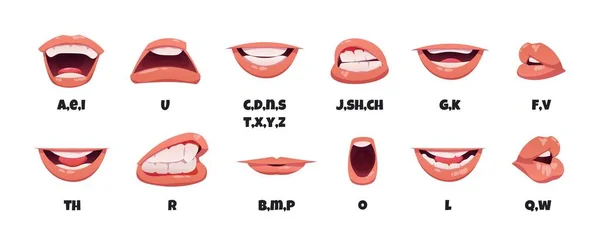 Lip sync animation. Cartoon character talking mouth, English sounds pronunciation and lips articulation, comic sprite kit. Vector lips in motion isolated collection. Learning language letters
