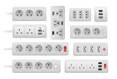 Güç şeridi. Gerçekçi elektrik priz eklentisi, farklı bağlantı noktaları ve kabloları olan 3D AC akım ekipmanı. Vektör ayarlandı. Beyaz üzerinde izole edilmiş cihazlar için portlu taşınabilir uzantı