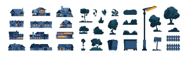 Night Suburban Elements Cartoon Cottage Houses Night Bushes Trees Street — Stock Vector