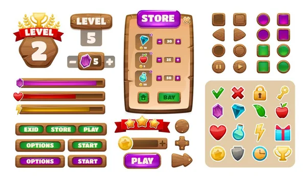 Game Aanwinst Cartoon Houten Menu Interface Elementen Knoppen Pictogrammen Panelen — Stockvector