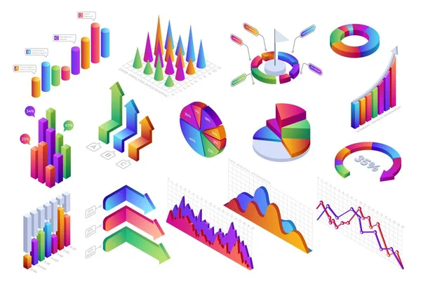 Isometrische Infographic Diagrammen Grafieken Voortgangsbalken Grafieken Zakelijke Financiële Statistiek Analytische — Stockvector