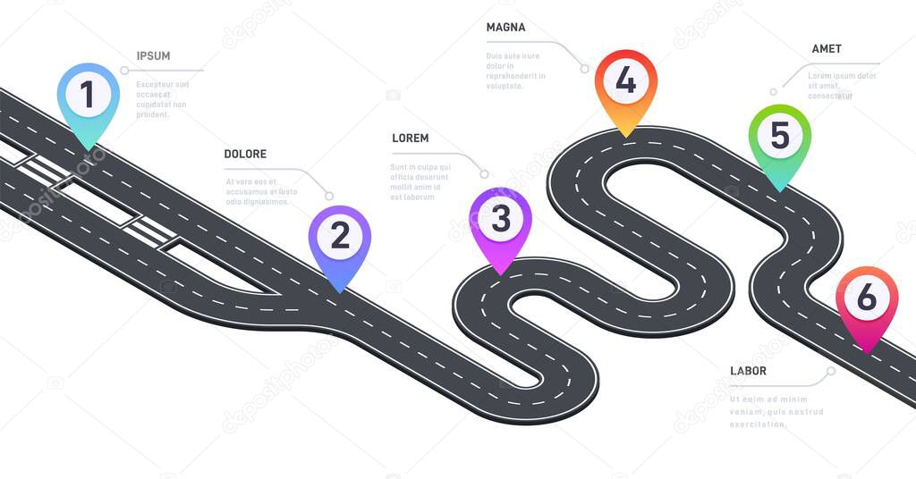 Isometric pathway infographic. Road map with checkpoints and milestones timeline graphic template, business option step process. Vector illustration. Curved route path with numbers for info