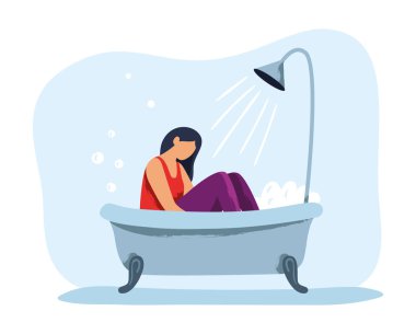 Depresyondaki ağlayan kız banyoda oturuyor. Olumsuz düşünceleri olan yalnız üzgün bir kadın. Duşun altında oturan ve sorun yaşayan kadın çizgi film karakteri.