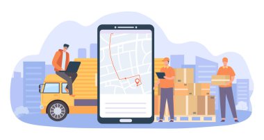 Çevrimiçi dağıtım servisi. GPS navigasyonlu akıllı telefon ve nakliye şirketi için izleme servisi. Paket taşıyan kurye, paket teslimatı için araba kamyonu. Harita vektör resimlemesindeki konum
