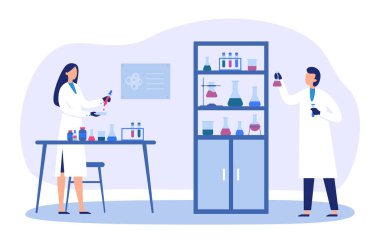 Profesyonel bilimsel araştırma. Laboratuvarda ekipmanlarla çalışan üniformalı kadın ve erkek bilim adamları. Test tüpleri ve mataralar tutan işçiler, kan kontrolü yapıyorlar. Taşıyıcı vektörlü raflar