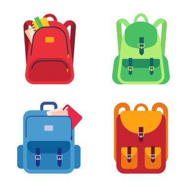 Okul çantaları, içinde kırtasiye ve not defterleri olan çocuksu sırt çantaları. Eğitim için ceplerinde farklı malzemeler olan renkli sırt çantaları. Kolej vektöründe çalışmak için gerekli ekipman izole edildi