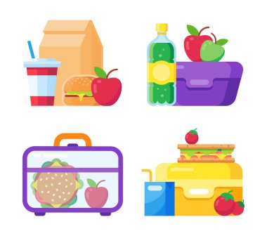 Okul çocuğu beslenme çantası. Sağlıklı ve besleyici yiyecek, şişe ya da bir bardak içki. Sandviç ve atıştırmalıklar plastik kaplarda ve kese kağıdında. Hamburger, meyve ve sebze vektör kümesi