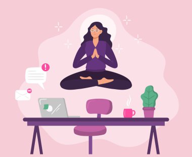 Ofis yogası Çalışanların iş yerinde yükselmesi stresi yatıştırıyor. Lotus pozisyonunda çalışırken dinlenen bir kadın. Çizgi film kadın çalışanı meditasyon, sağlıklı akıl vektörü çizimi