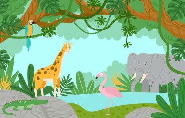 Ormandaki vahşi Afrika hayvanı. Göletli orman, yemyeşil yapraklar ve ağaçlar. Zürafa, papağan, flamingo fili ve bitki örtüsünün arasında timsah. Yeşil çevre vektörü, faunalı yağmur ormanı