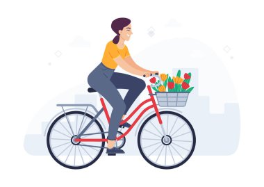 Kadın sepetinde buketle bisiklete biniyor. Neşeli kız bisikletçi bisikletle gidiyor. Kadın karakter geziden zevk alıyor, eğleniyor. Çizgi filmdeki kadın güzel lale çiçeği vektörüyle bisiklet sürüyor.