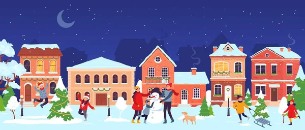 圣诞小镇 旧城区街道上 人们庆祝圣诞节和新年假期 卡通儿童和家庭装饰冷杉树 制作雪人和雪橇病媒图解 — 图库矢量图片