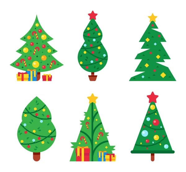 Árboles Navidad Decorados Con Guirnaldas Luces Estrella Parte Superior Navidad — Vector de stock