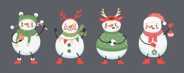 Bonitos Bonecos Neve Natal Roupas Inverno Segurando Atributos Férias Personagens — Vetor de Stock