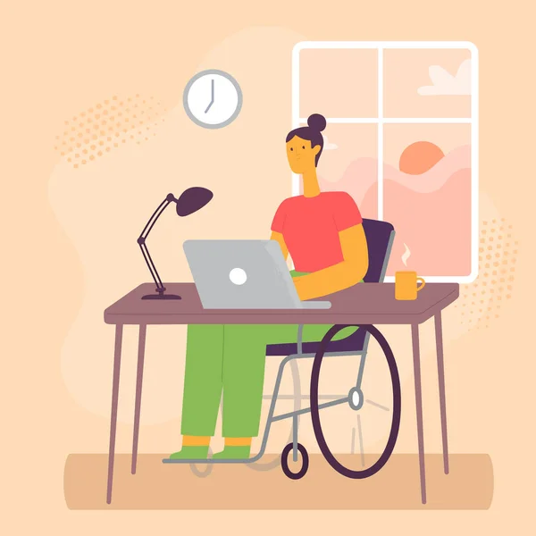 Zdravotně Postižená Žena Pracuje Laptopu Cartoon Mladá Dívka Invalidním Vozíku — Stockový vektor