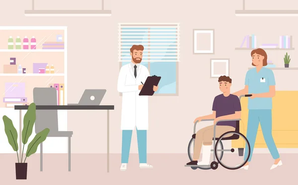 Arztbesuch Mann Rollstuhl Hat Termin Mit Medizinischem Personal Zeichentrickfigur Mit — Stockvektor
