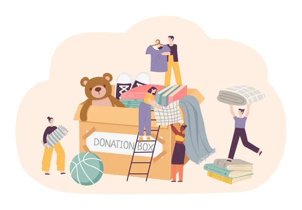 慈善の概念 寄付箱に必要なアイテムを集める小さな女性と男性のキャラクター おもちゃを持ってくる男と女 貧しいベクトルを助けるボランティア — ストックベクタ