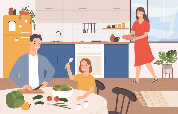 家族で一緒に料理する 漫画幸せな両親と娘一緒に台所で夕食を作る サラダ用の野菜を切る父と子 食事とプレートを保持する母 料理のベクトル — ストックベクタ