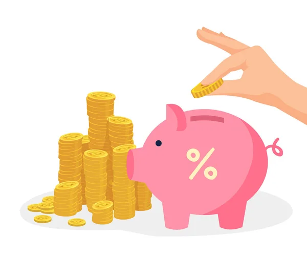 Sparen Sie Geldanlagen Hand Münzen Sparschwein Legen Dollareinnahmen Sparen Einkommen — Stockvektor