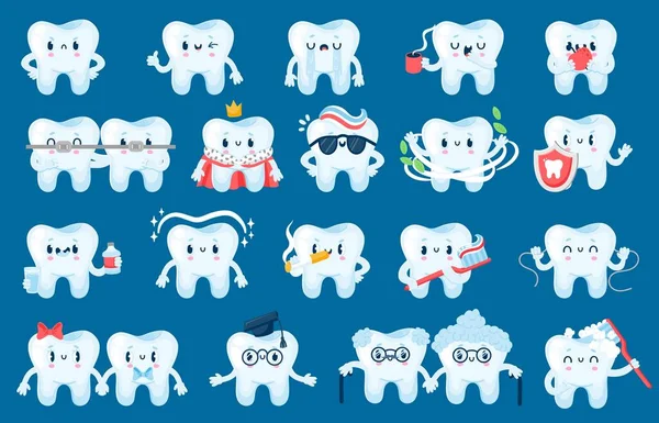 Tooth care character. Cute cartoon teeth with happy faces for dental health posters and banners. Vector funny tooth mascot with toothbrush and dental floss isolated set. Dental hygiene and treatment