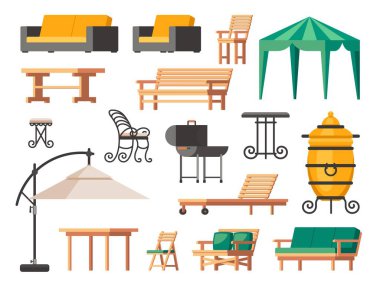 Bahçe mobilyası. Yazlık teras sandalyesi masa şemsiyesi, bahçe ve arka bahçedeki barbekü ızgaralı veranda oturma odası ikonları. Vektör izole edildi. Rahatlamak için modern mobilya elementleri