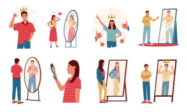 Self confident person. Cartoon men and women with positive mindset looking in mirrors proud of themselves, concept of self acceptance. Vector isolated set. Female and male characters with crowns clipart