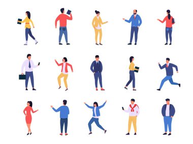 Mutlu ofis çalışanları. Başarılı neşeli iş adamları, heyecanlı ekip çalışanları terfi ve kariyer etkinliğini kutluyor. Vektör iş arkadaşı karakterleri ayarlandı. Kadın ve erkek karakterler iş başında