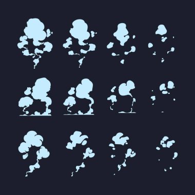 Duman perisi etkisi. Çizgi film toz bulutu animasyon varlığı, buhar patlaması ve sis dağılımı 2D grafik çerçeveler. Vektör çizgi roman patlaması. Hava kirliliği, gaz dumanı, kabarık bulutlar.