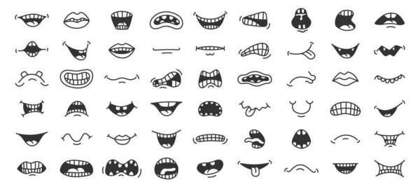 Doodle smile. Cartoon mouth with different face expression, laugh anger and scary emotion pop art sketch. Vector hand drawn funny mouths isolated collection. Happy, sad and joyful lips