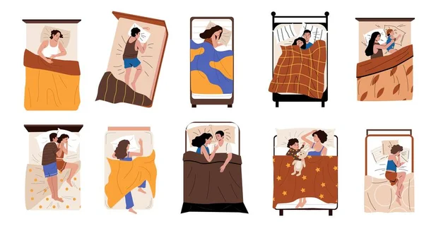 Gente Durmiendo Cama Personajes Dibujos Animados Acostados Bajo Mantas Soñando — Vector de stock