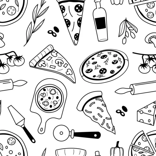 Doodle Pizza Kalıbı Ulusal Talyan Yemek Taslağının Kusursuz Baskısı Zeytinyağı — Stok Vektör