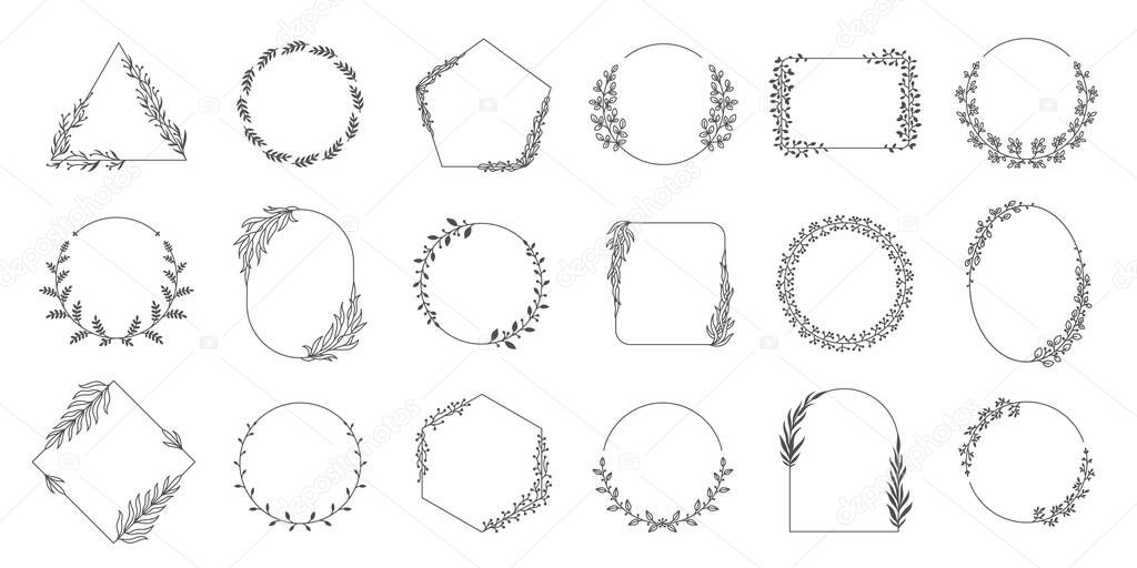 Floral frames. Square and round leaf border decorative elegant elements for wedding invitation card, simple ornamental wreath. Vector laurel set. Victory template for reward or certificate