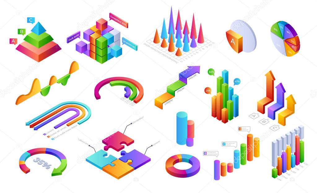 Infographic 3D elements. Isometric graphic charts progress bars with people icons for business presentation layout and financial analytic. Vector set. Information analysis for report document