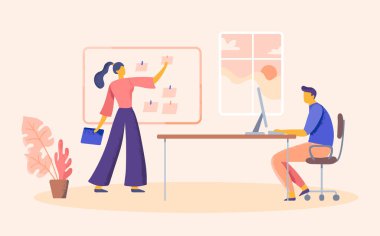 Ofisteki iş adamları, görev tahtaları. Çalışma takımı için iş bürosu yönetim kurulunun vektör illüstrasyonu, karmaşa planı takım çalışması projesi