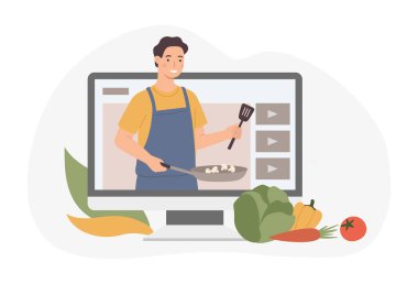 Video bloğu hazırlıyorum, sınıf yemeklerini hazırlamak için rehber. Vlog çevrimiçi, blog yazarları tarafından internet videosu, mutfaktaki blog kanalı aşçı eğitimi ile. Vektör İllüstrasyonu