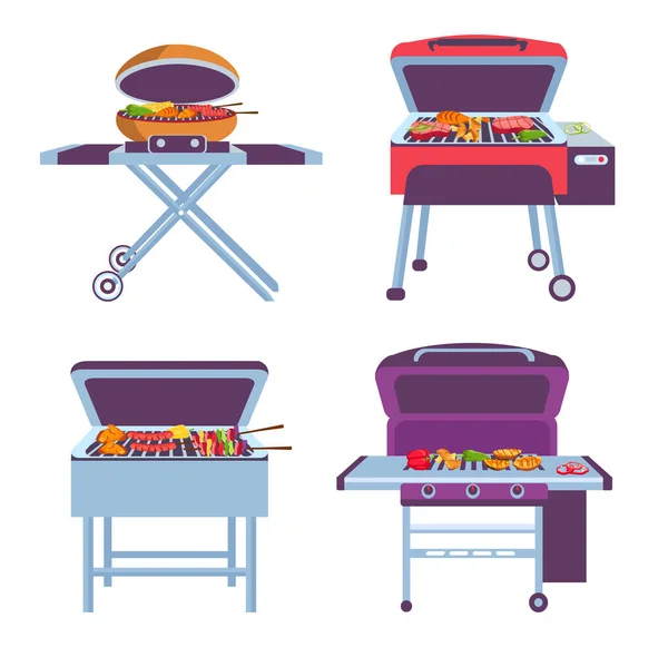 Coleção Churrasqueiras Desenhos Animados Para Cozinhar Carne Vector Churrasqueira Churrasqueira — Vetor de Stock