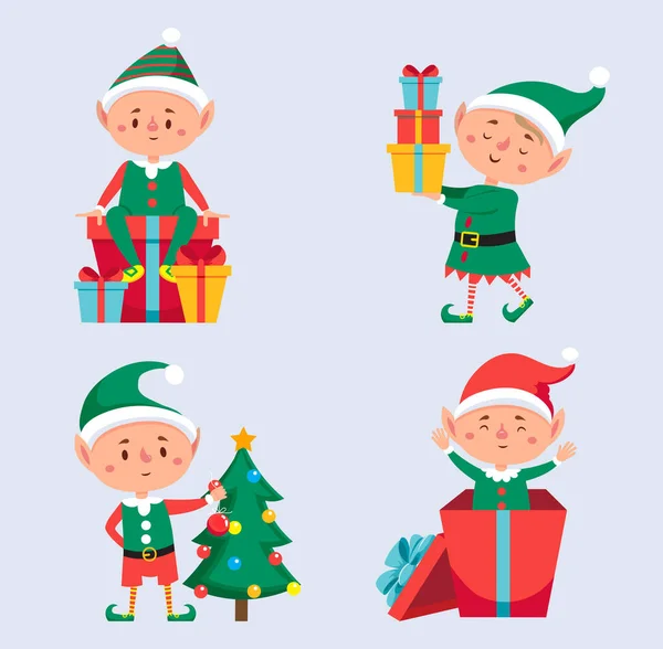 Personaje Elfo Navidad Con Árbol Caja Regalo Vector Carácter Elfo — Vector de stock