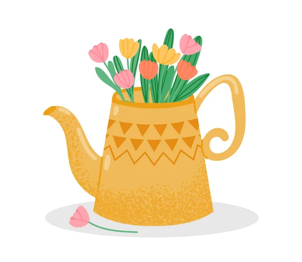Симпатичный Чайник Букет Цветов Изолированы Векторный Букет Цветов Романтические Красивые — стоковый вектор