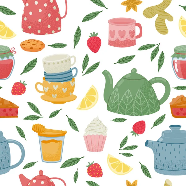 ティータイムのシームレスなパターンをティーポットとカップで装飾 ベクトル茶パターン朝食 キッチンカップの背景装飾的なシームレスなイラスト — ストックベクタ