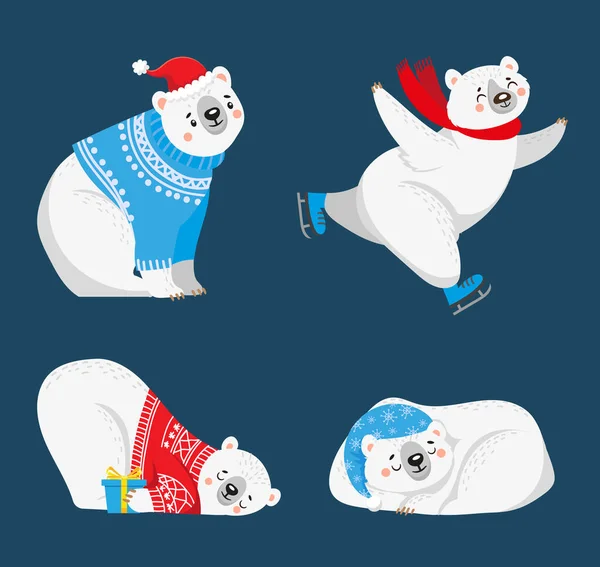 Christmas Polar Bears Collection Position Pose Vector Cartoon Christmas Polar — Stock Vector