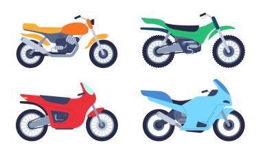 Düz hız ve spor motosiklet koleksiyonu. Spor yarış motosikleti nakliye aracına, motorkros için hızlı helikopter. Vektör illüstrasyonu