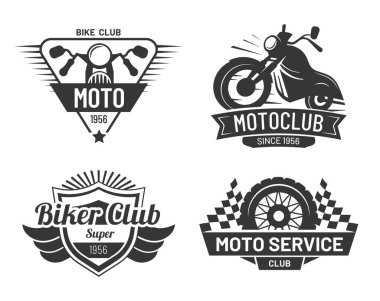 Motosiklet koleksiyonu rozetleri, moto motorcular kulübü. Vektör motosiklet logosu ve amblemi, moto rozet çizimi