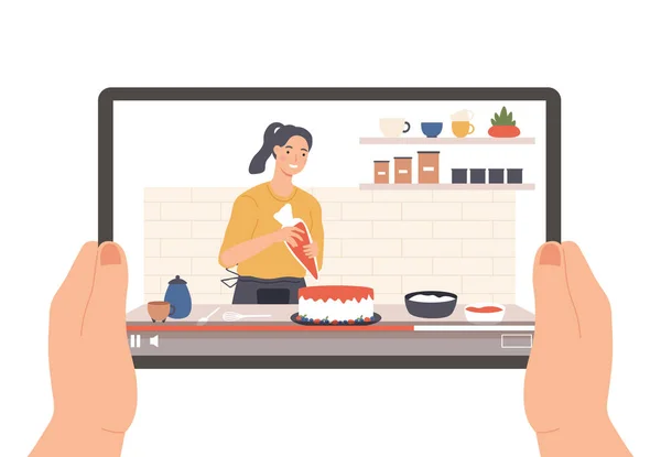 Mani Che Tengono Tablet Con Trasmissione Culinaria Vlogger Video Cucina — Vettoriale Stock