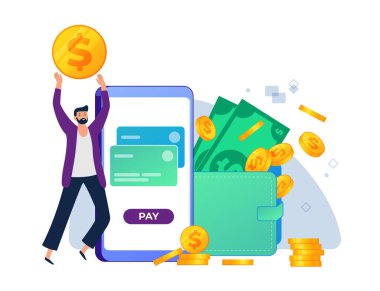 Çevrimiçi ödeme, finansal işlem ve para transferi. Vektör mali ödeme, para aktarımı ve finans konsepti illüstrasyonu